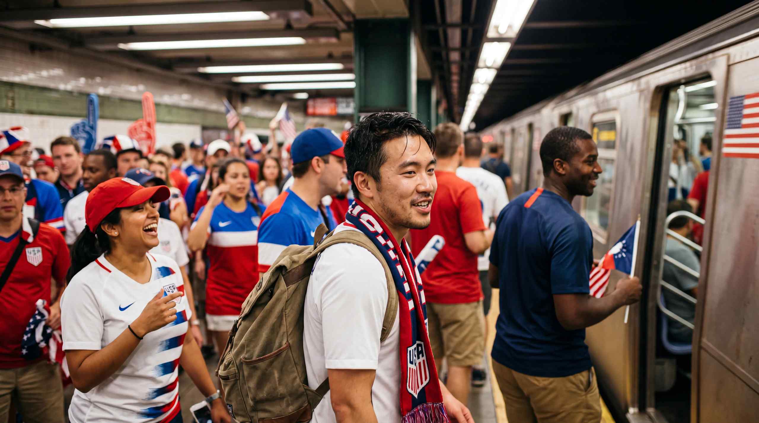 A group of soccer fans getting on a train.